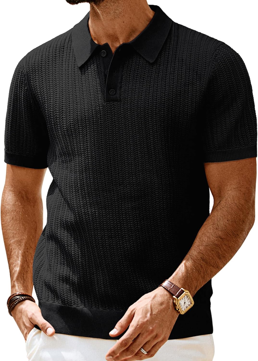 PJ PAUL JONES Mens Polo Shirts Short Sleeve Textured Knit Polo Shirt Ribbed Casu...