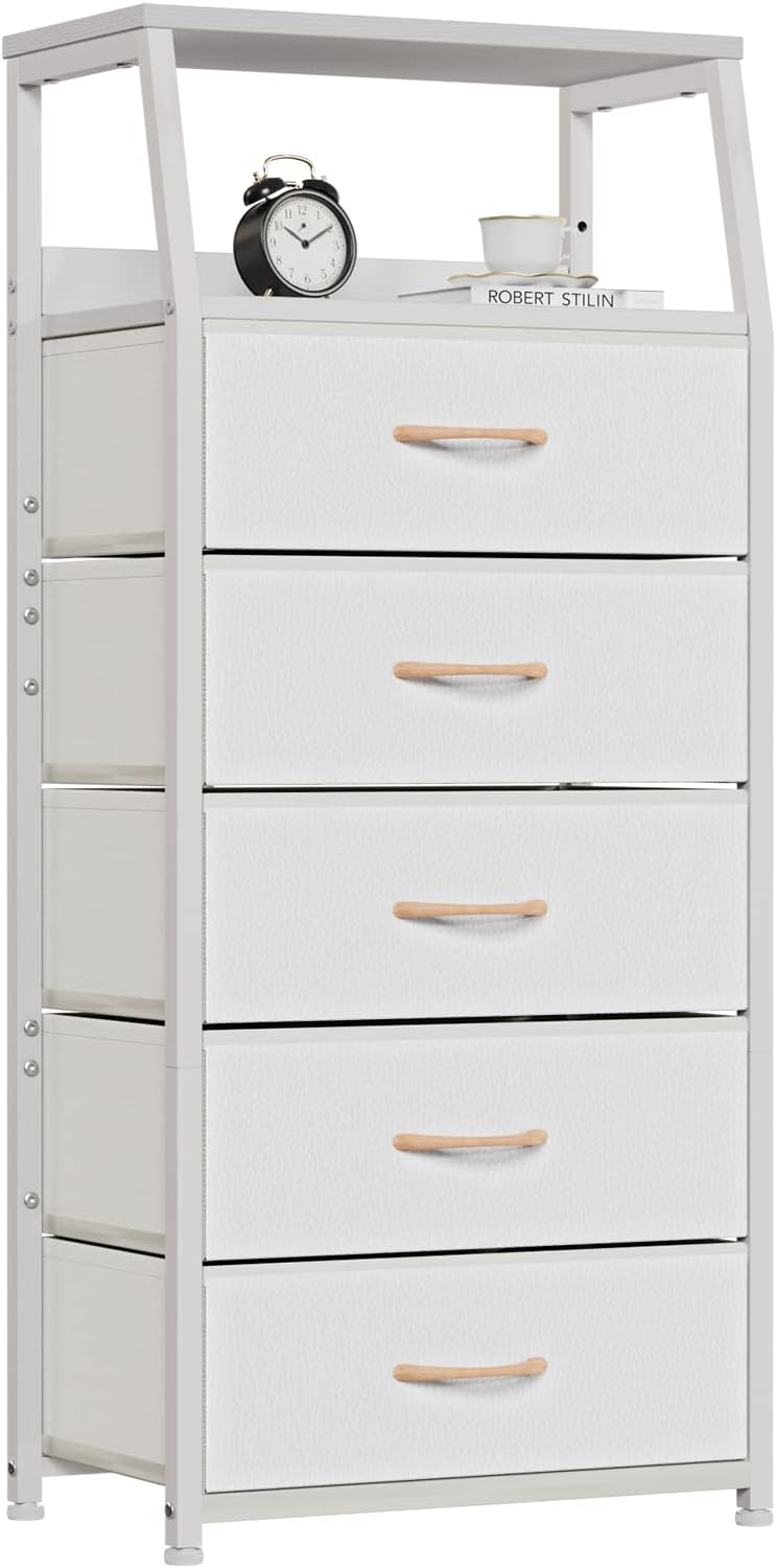 Furnulem White Dresser with 5 Drawers, Vertical Storage Tower Fabric Dresser for...