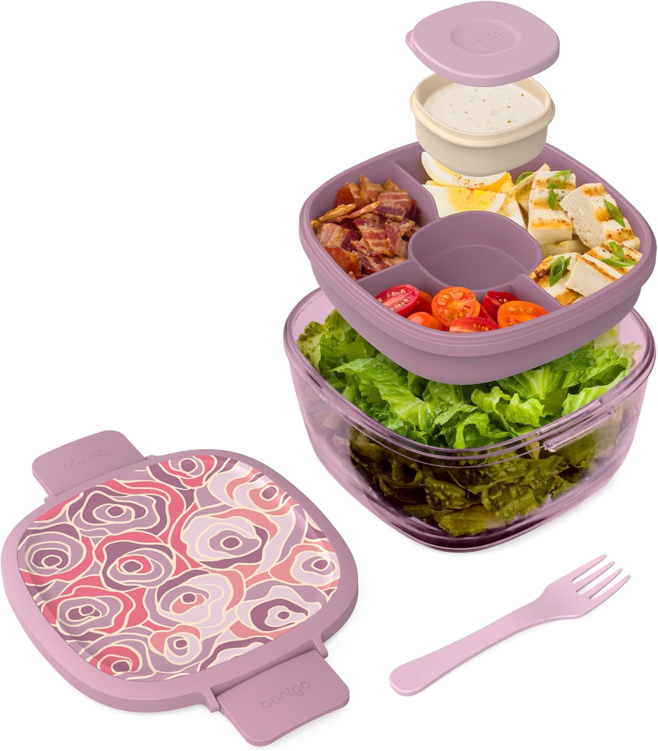 Bentgo Glass Prints All-in-One Salad Container - 61oz Tinted Glass Salad Bowl wi...