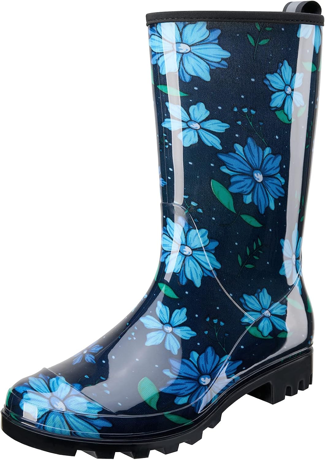 HISEA Women's Rain Boots Waterproof Mid Calf Garden Boots for Women 8 Blue Flowe...