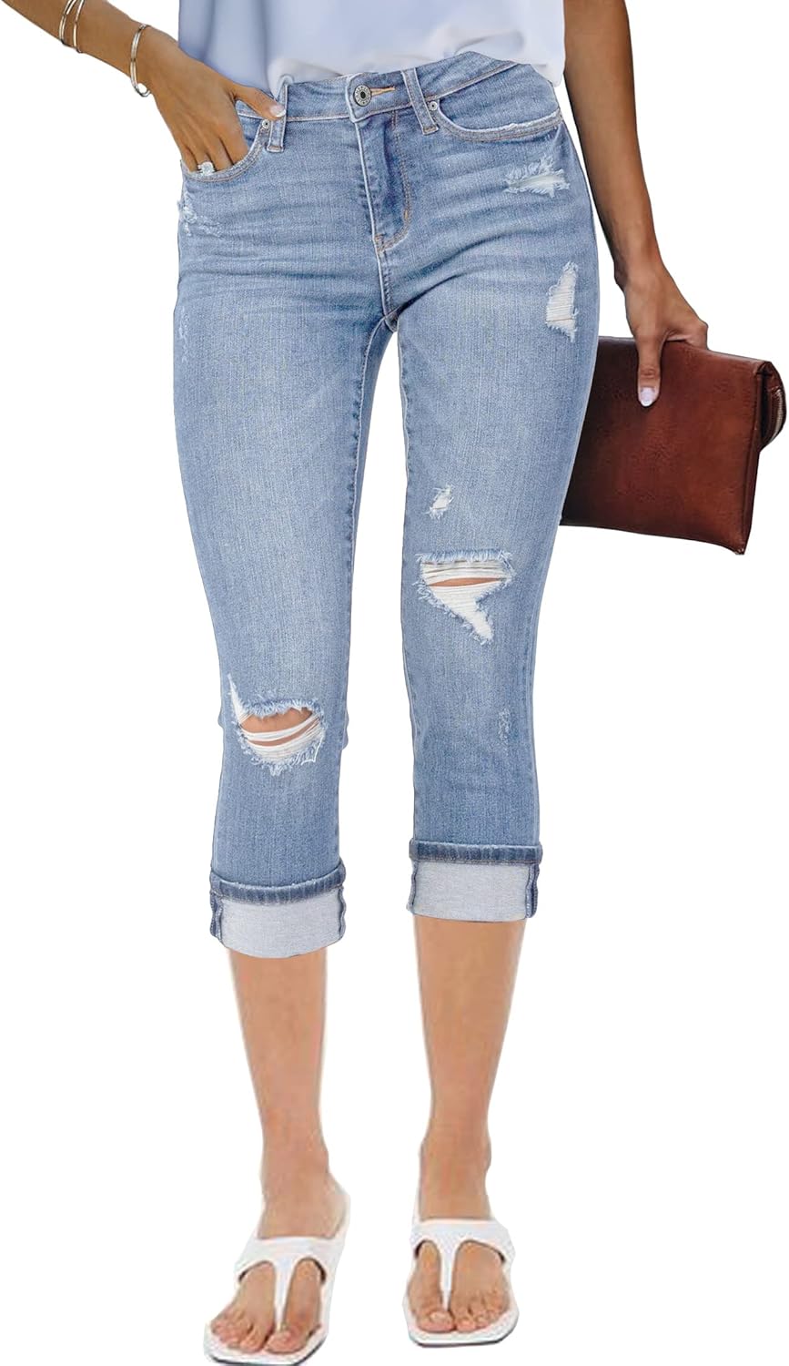 luvamia Capri Jeans for Women Stretch High Waisted Distressed Denim Capris Rippe...