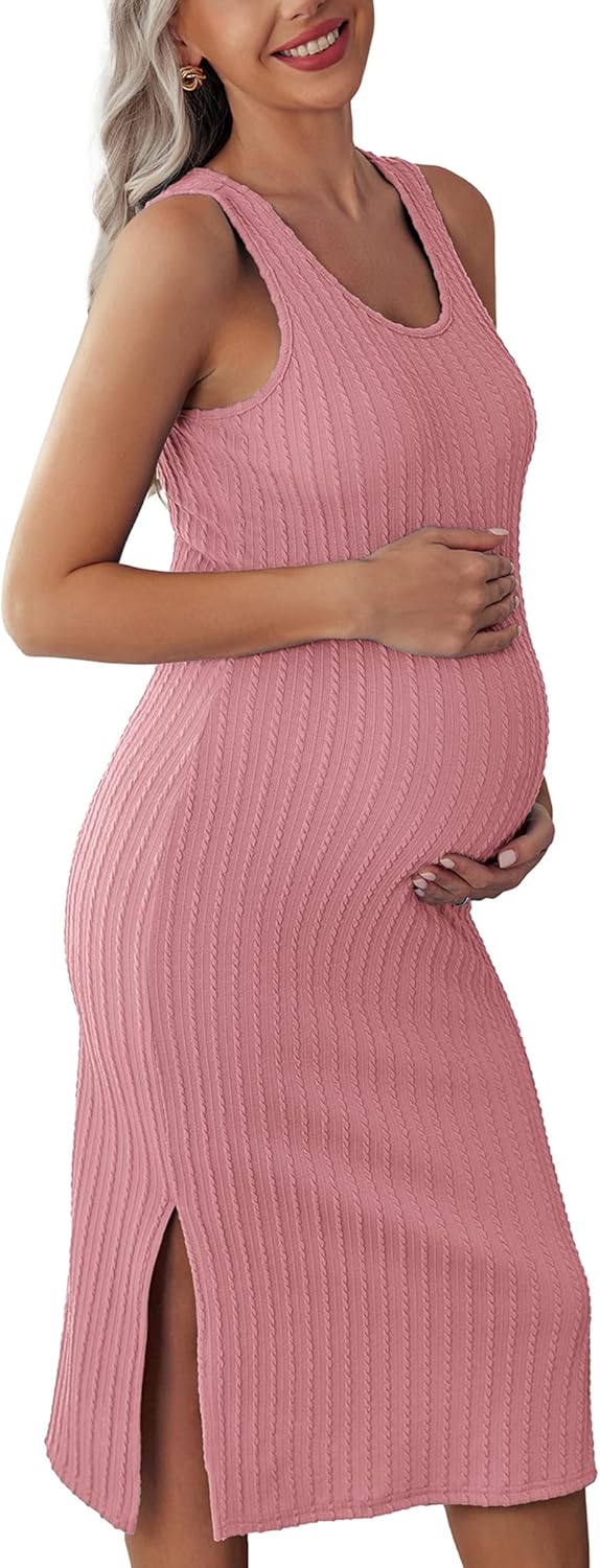 Ekouaer Women's Maternity Dress Rib Knit Sleeveless Tank Side Slit Bodycon Dress...