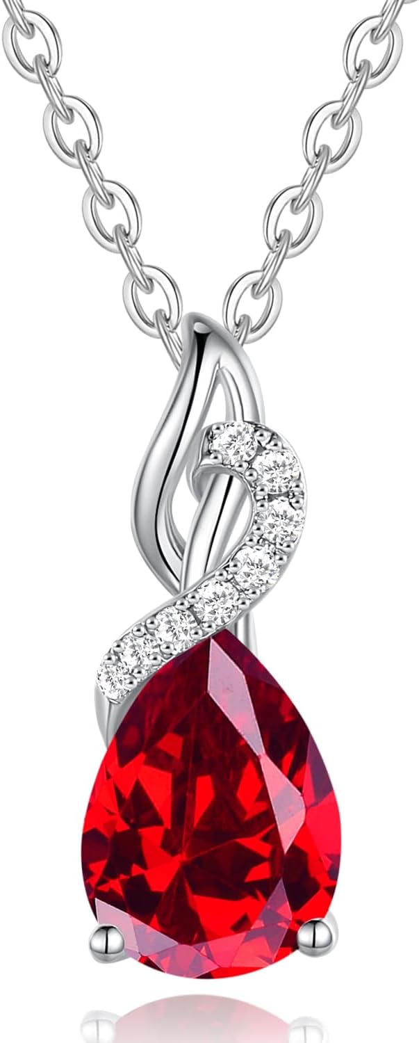 FANCIME 14K Solid White Gold Teardrop Pendant with Diamond Birthstone Necklace B...