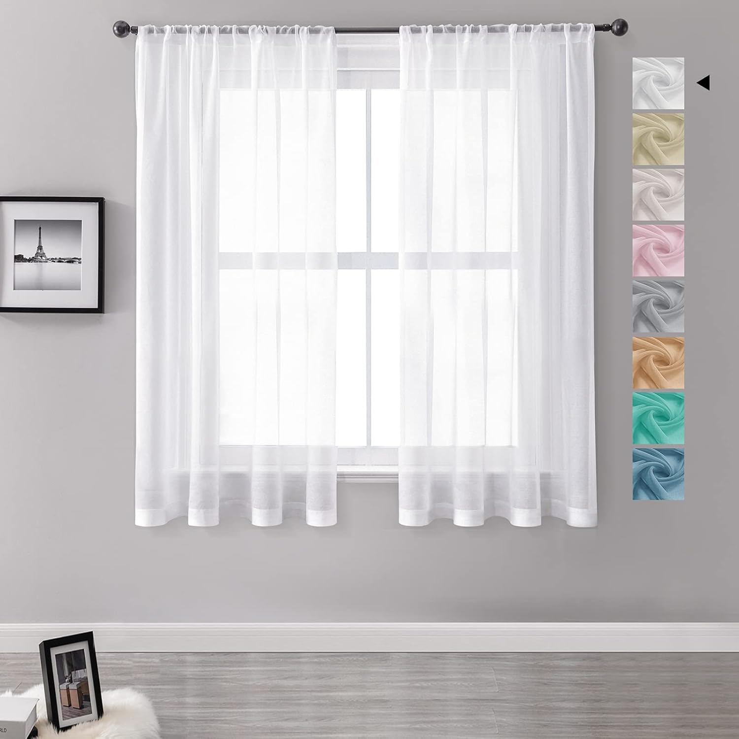 MRTREES Voile White Curtains 66 Inch Drop 2 Panels Voile Curtain Panel Rod Pocke...