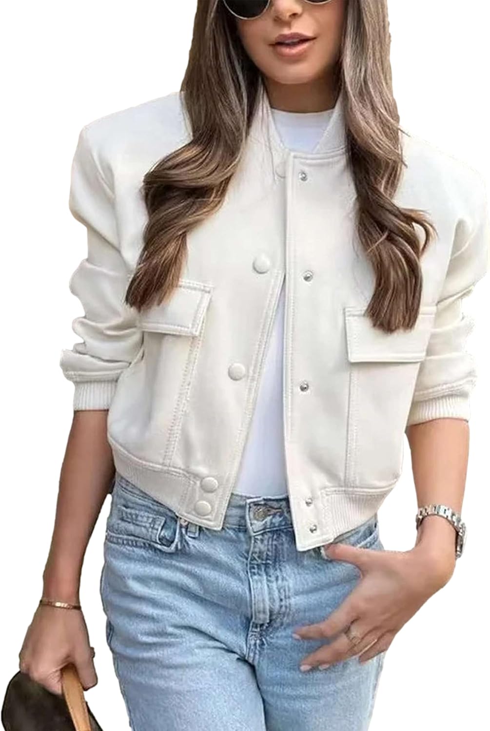 Womens Cropped Bomber Jacket Button Down Varsity Jackets Shackets With Pockets S...