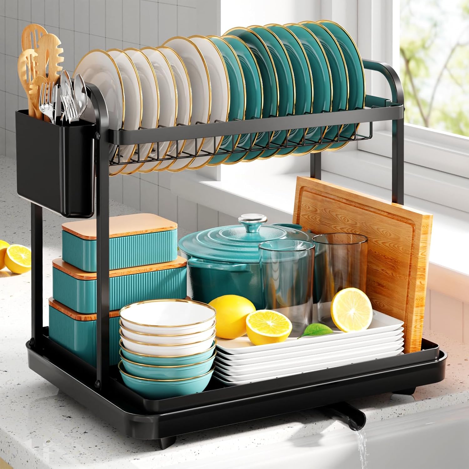 Kitsure 2 Tier Dish Drainer, Multifunctional Dish Drainer Rack, Rustproof Kitche...