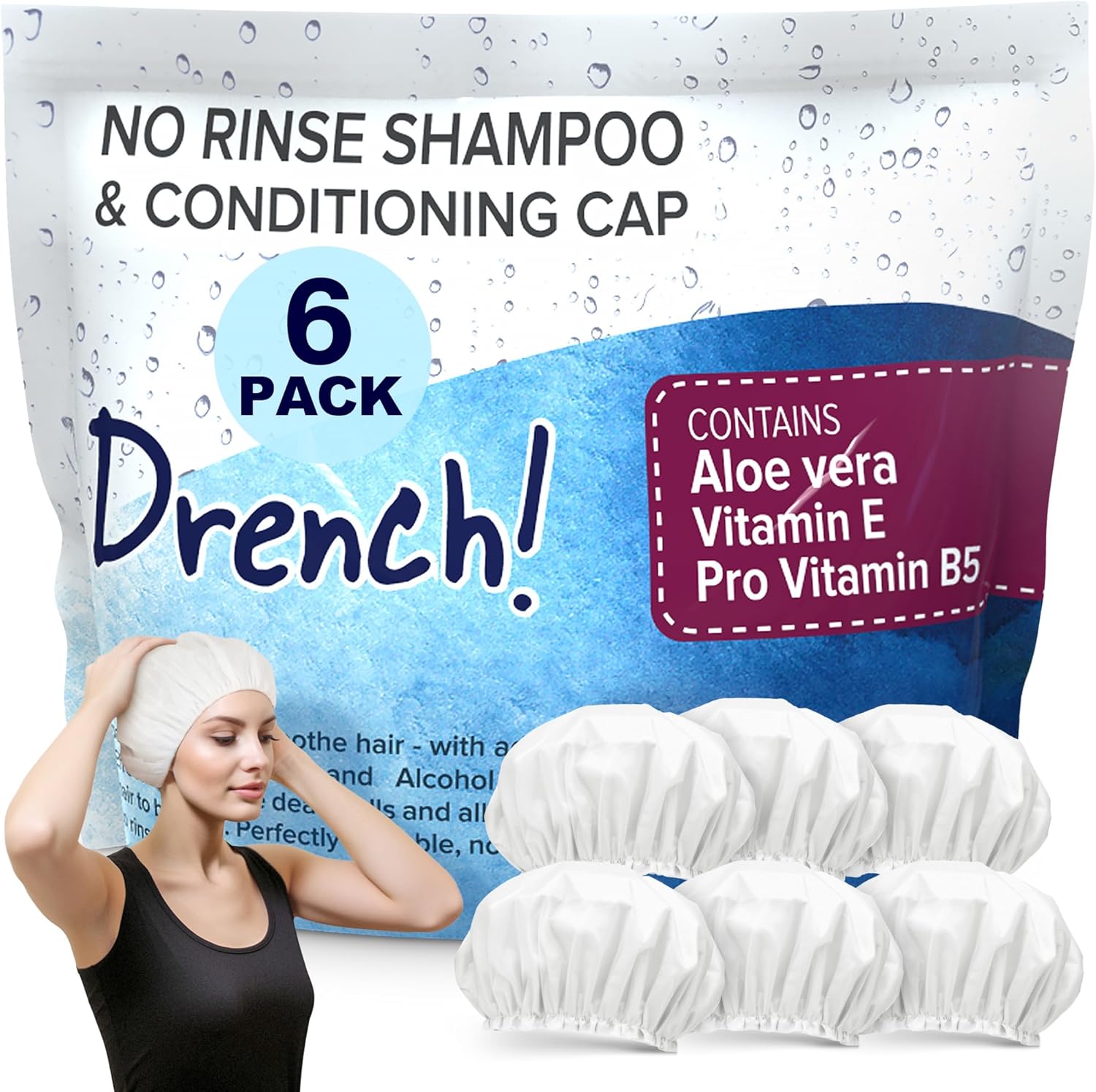 Drench! No Rinse Shampoo Cap (6 Pieces) - Waterless Shampoo and Conditioner Hair...