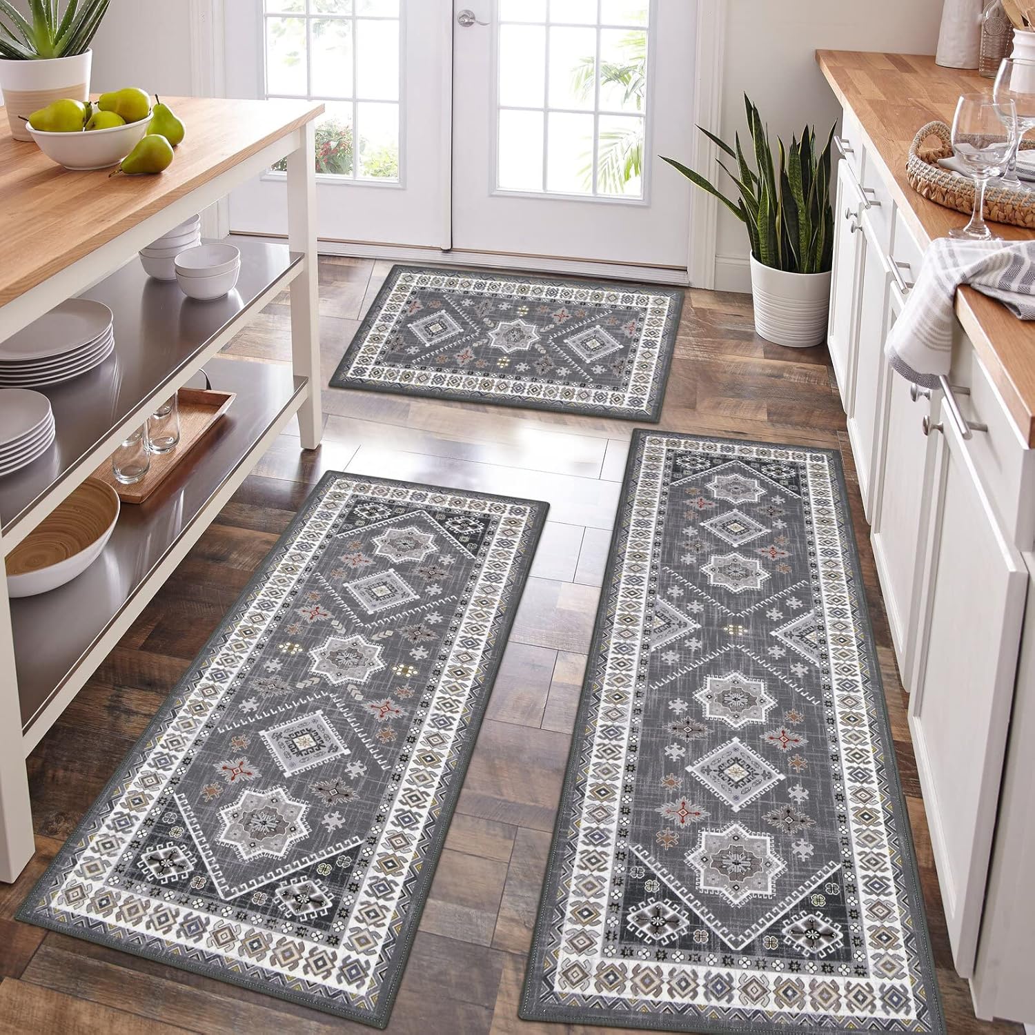HEBE Boho Kitchen Rug Sets 3 Piece with Runner Non Slip Kitchen Rugs and Mats Wa...