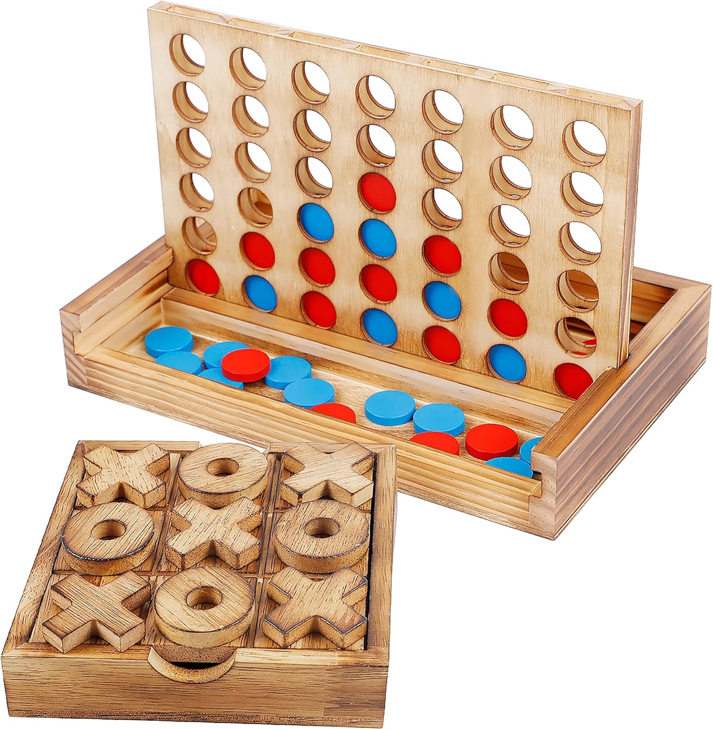 Glintoper Tic Tac Toe & 4 in a Row Table Games Set - Rustic Decor Wood Strategy...