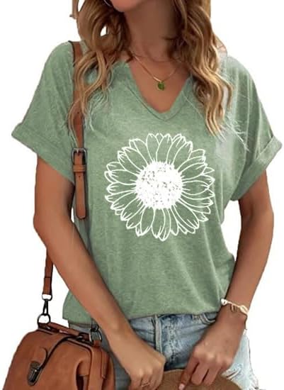 Women's Floral T-Shirts V-Neck Dandelion Sun Flower Graphic Casual Tee Boho Tops...