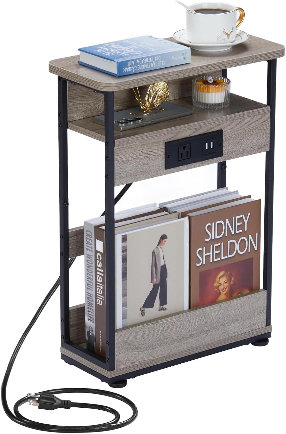 YEAKOO Narrow Side Table With Charging Station, 3-Tier End Table with 2 USB Port...