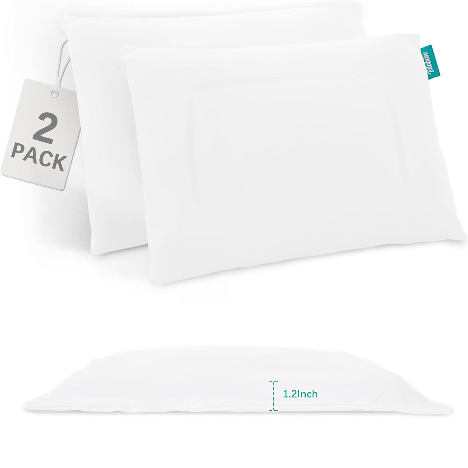 Thin Toddler Pillow 2 Pack with Pillowcase (13 x 18 x 1.2 Inches), Cotton Kid Pi...