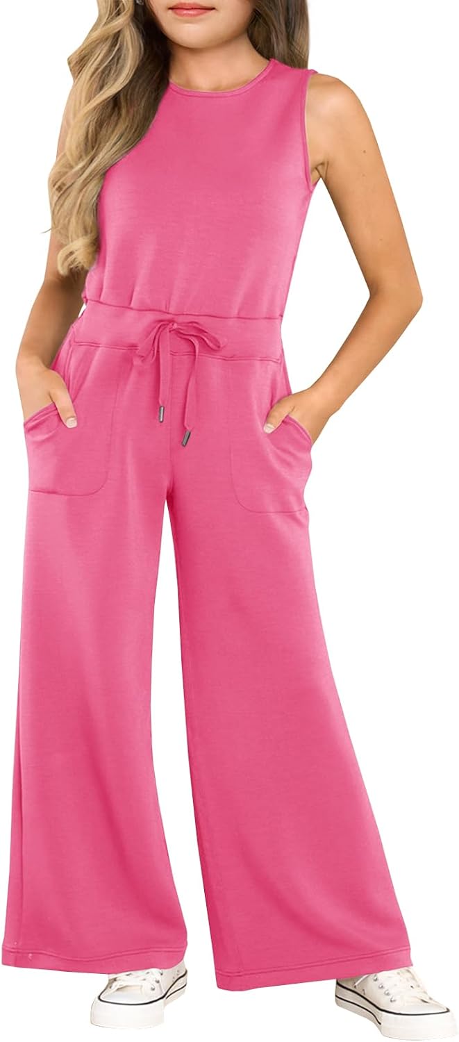 Haloumoning Girl's Jumpsuits Sleeveless Round Neck Wide Leg One Piece Rompers Li...