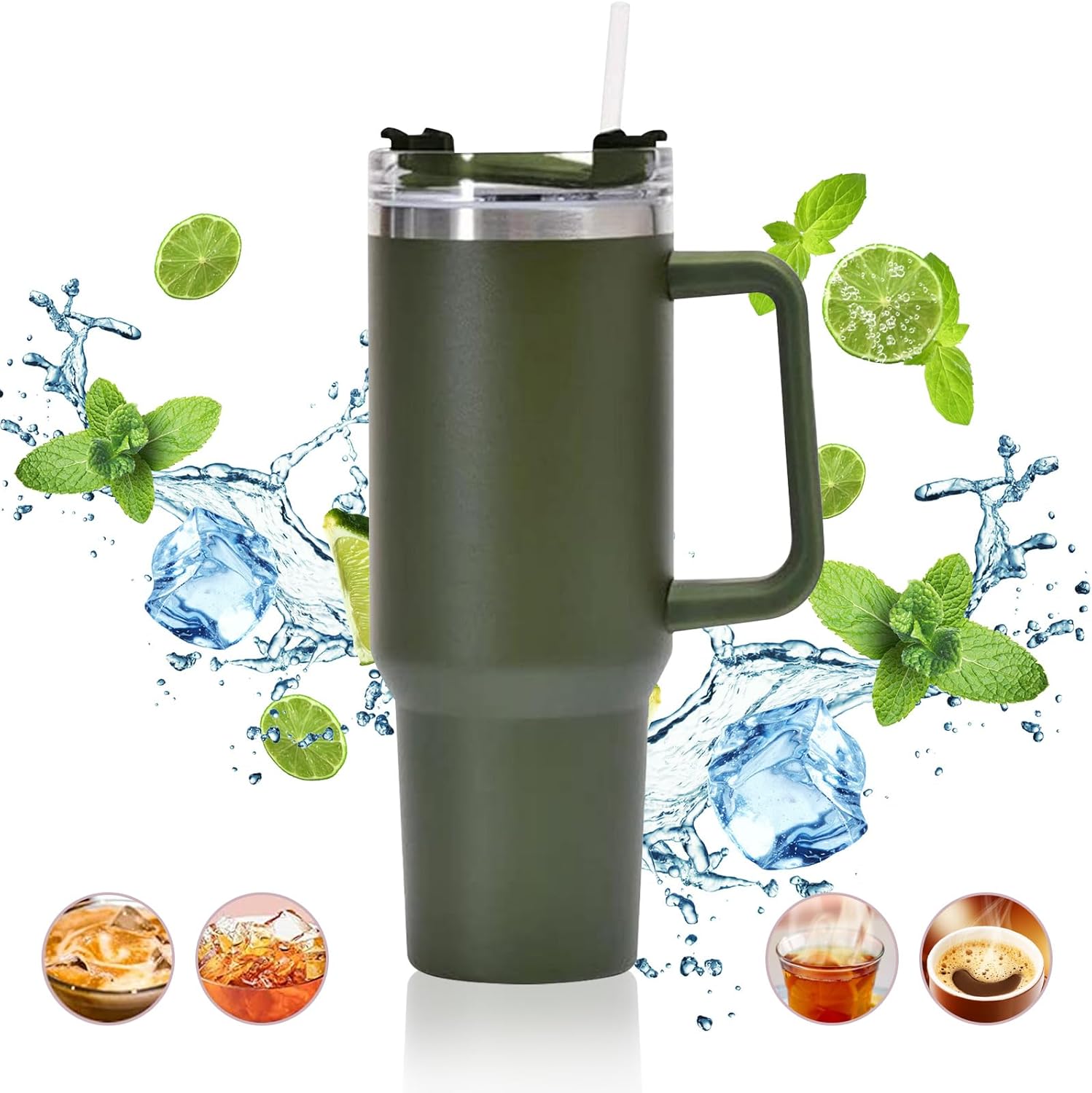 ALOUFEA Travel Mug Coffee Cup 40oz Tumbler Straw Lid and Handle, Stainless Steel...
