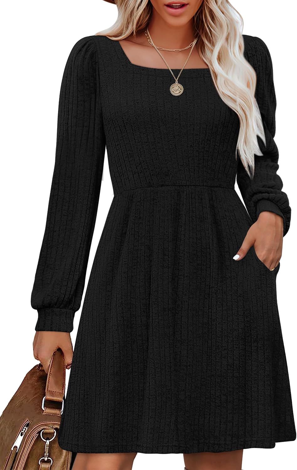 OFEEFAN Womens Knit Sweater Dress with Pockets Square Neck Long Sleeve Dresses L...