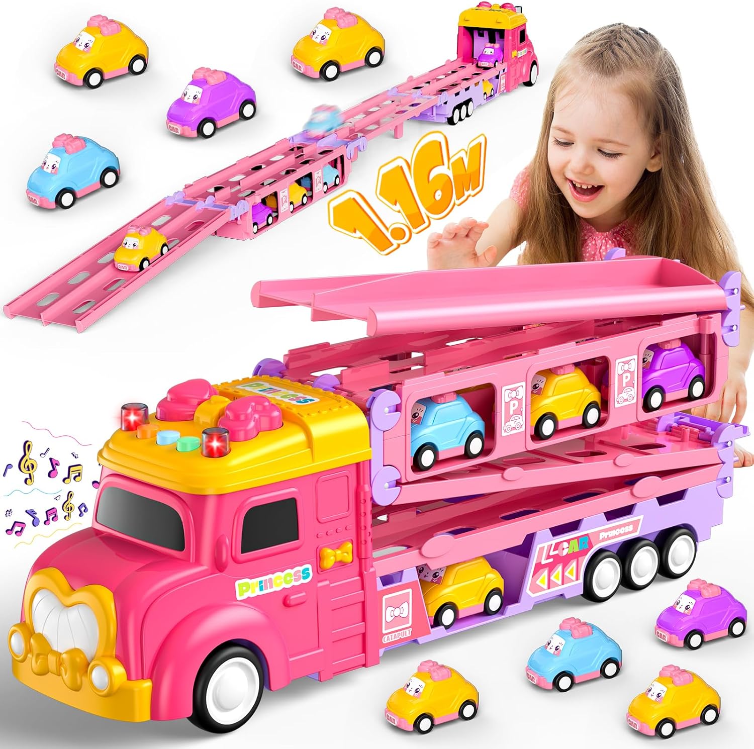 Hot Bee Cars Toy for Girls Ages 2 3 4 5, Girls Toys, Toy Car Set Transporter Tru...