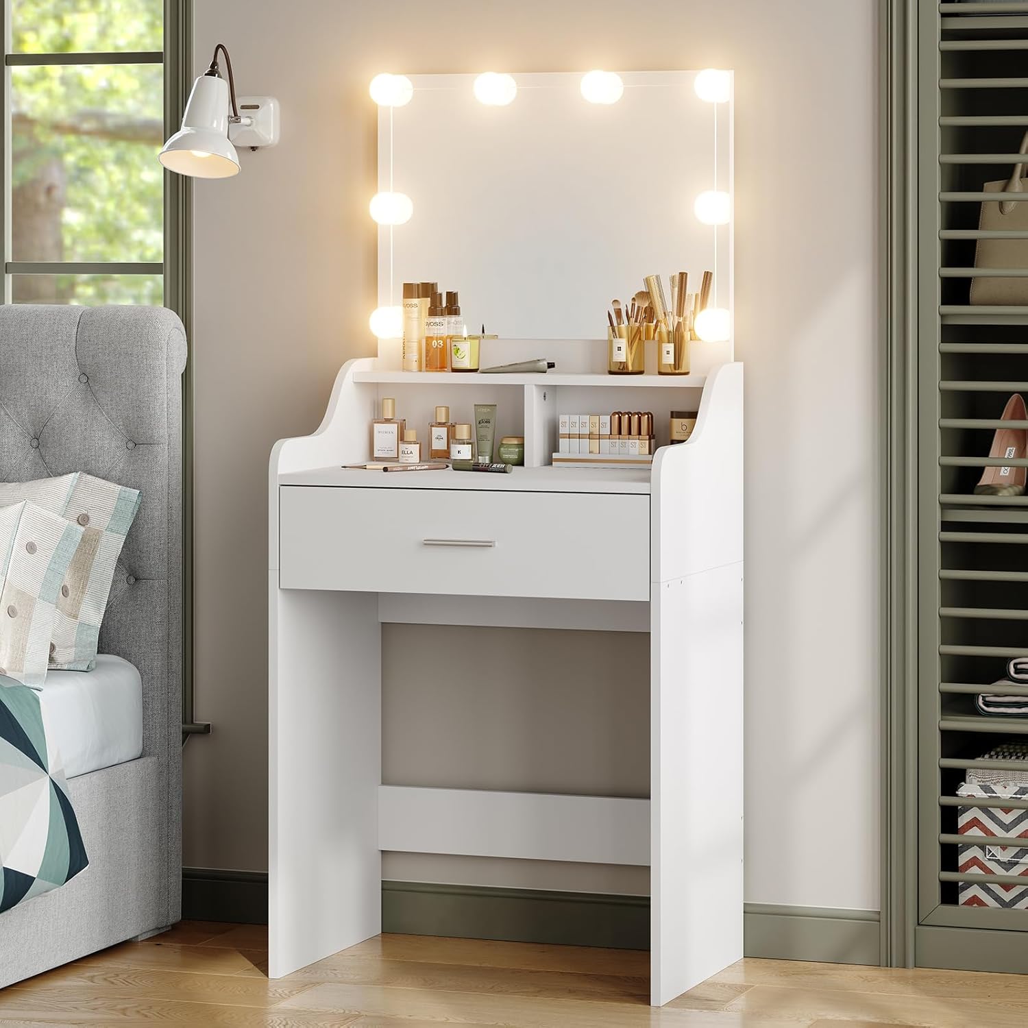 Furniouse Vanity Desk with Mirror and Lights, 23.6" Small Makeup Vanity Table Se...