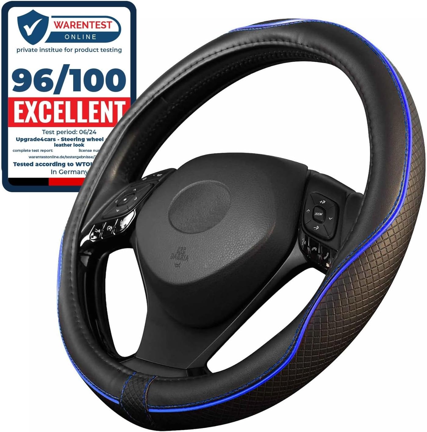 Upgrade4cars Steering Wheel Cover Blue Black Leather Look | Universal Fit 14,5-1...