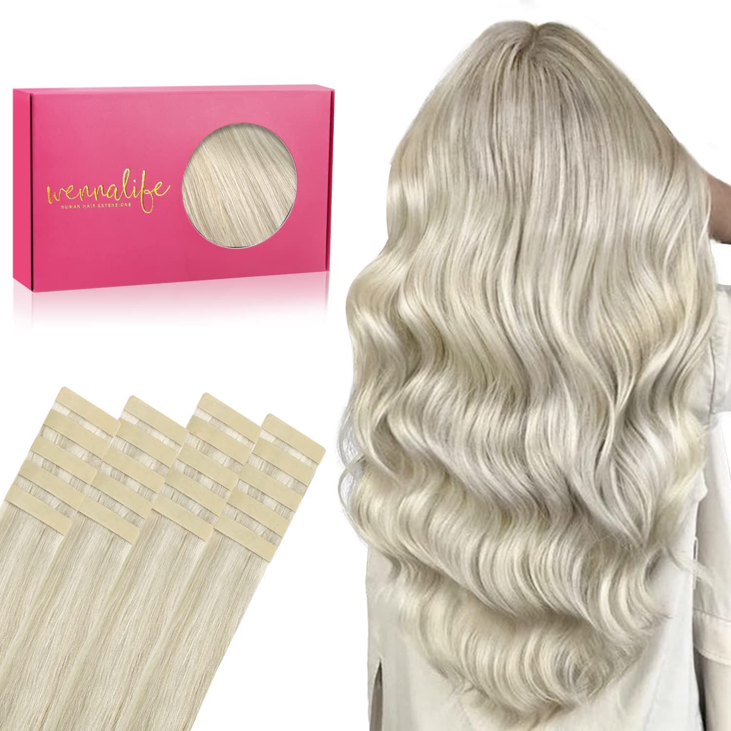 WENNALIFE Tape in Hair Extensions Human Hair, 20pcs 16 inch 50g Ash Blonde Highl...