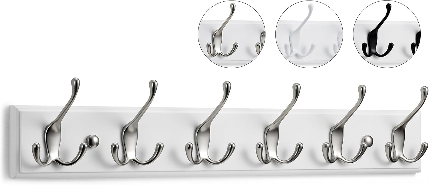 LARHN Wall-Mounted Coat Rack - 6 Matt-Nickel Triple Coat Hooks for Wall on White...