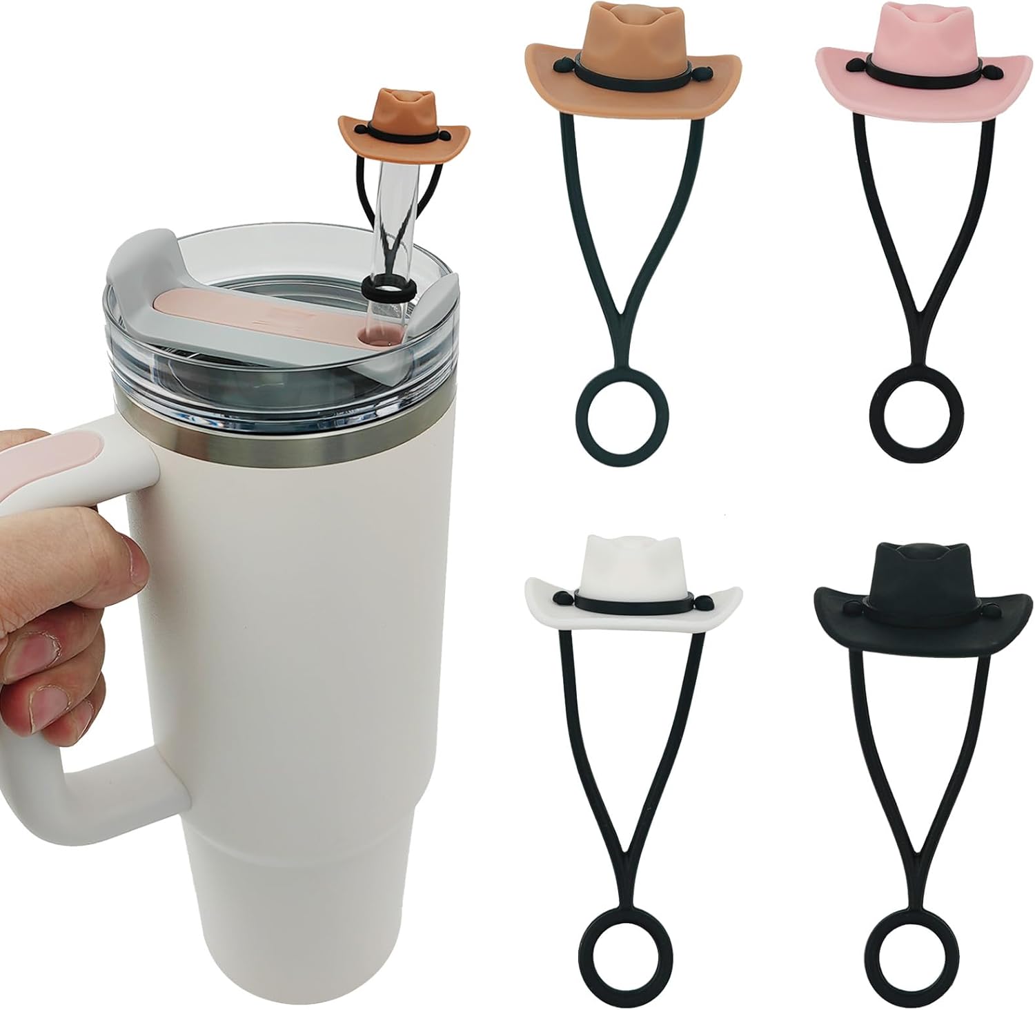 4 Pack Silicone Cowboy Hat Straw Covers Cap Compatible with Stanley Cup 30 40 oz...