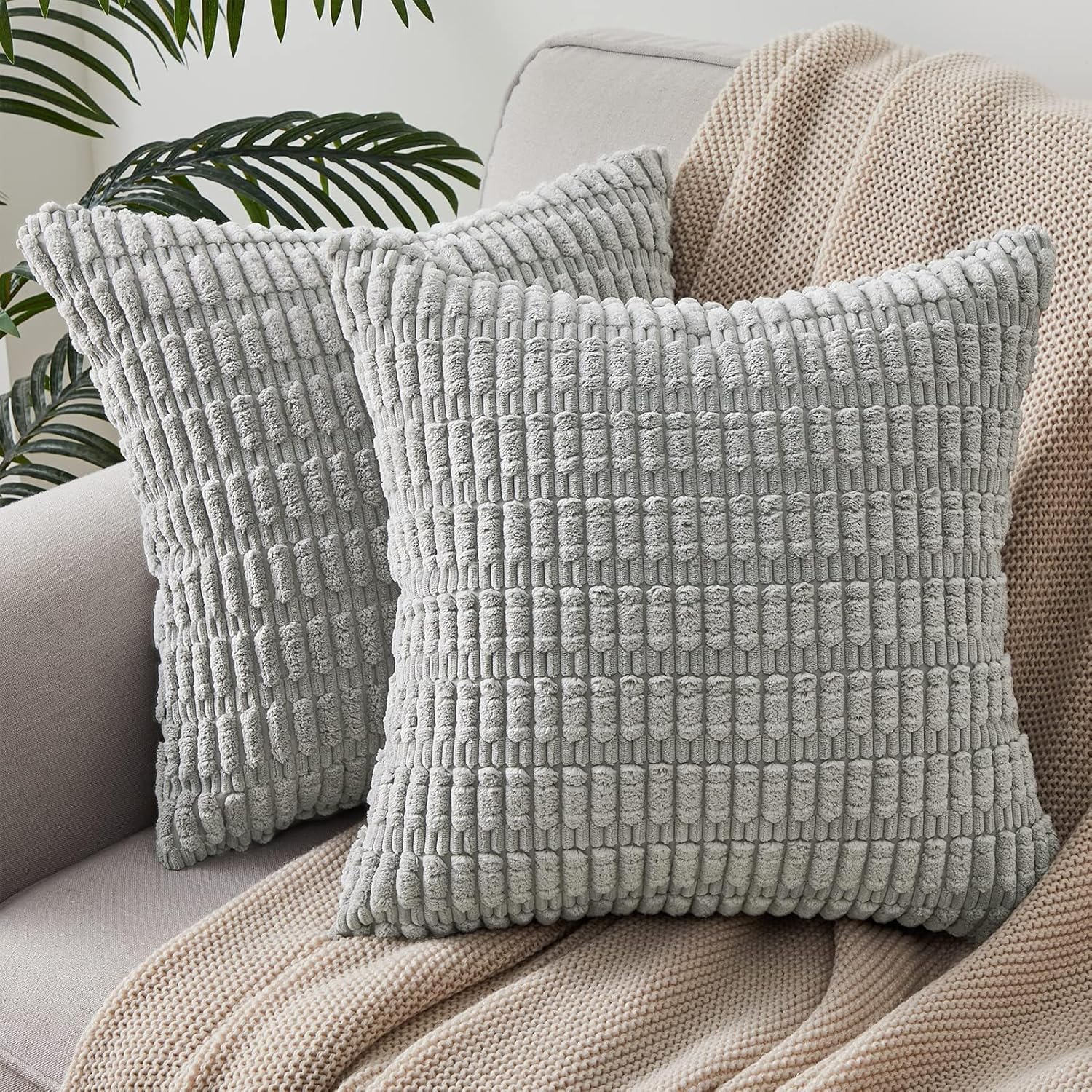 Topfinel Grey Cushion Covers 50cm x 50cm,Corduroy Decorative Fluffy Pillows Case...