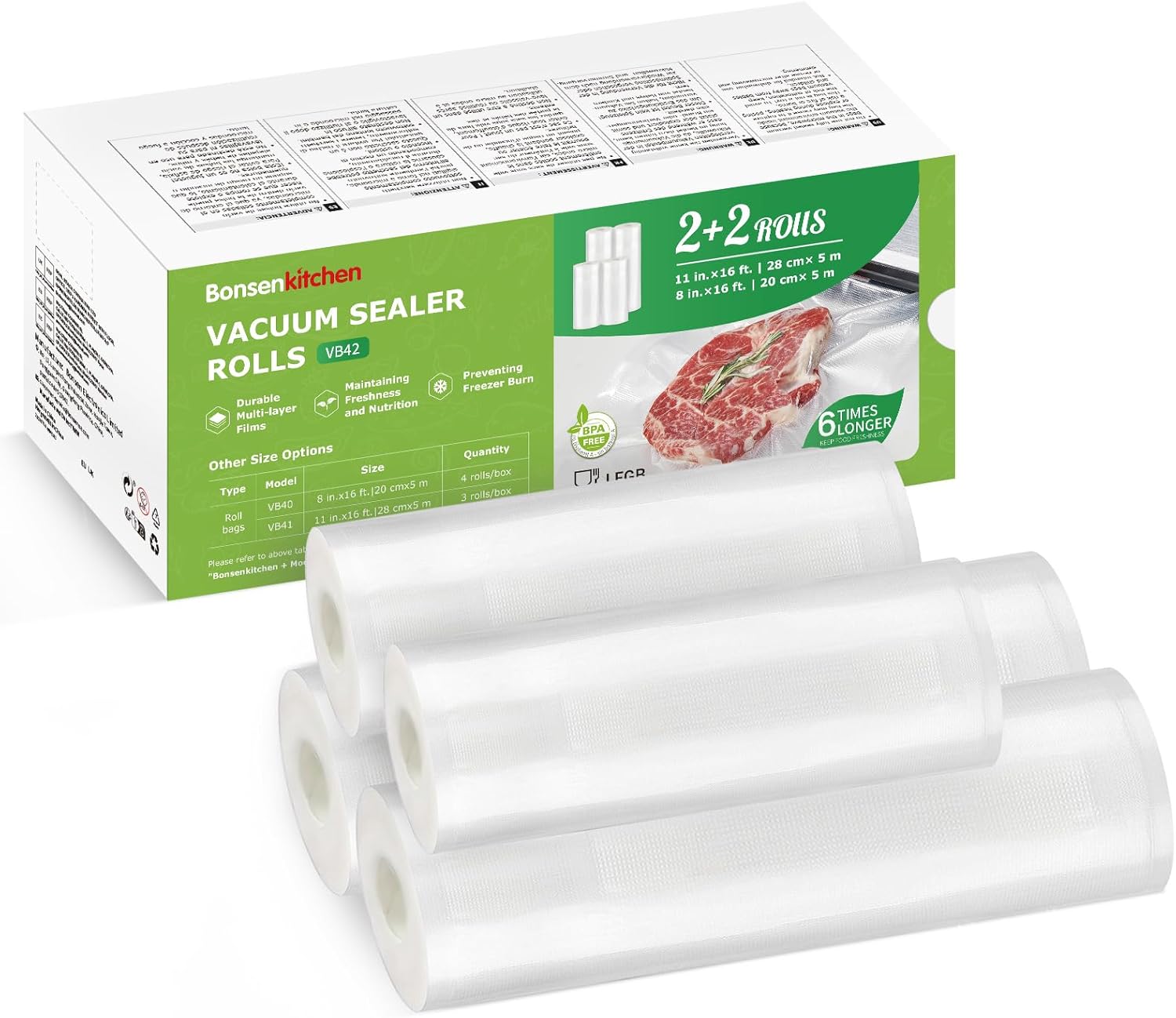 Bonsenkitchen Vacuum Food Sealer Rolls Bags 2 Rolls 20 x 500 cm + 2 Rolls 28 x 5...