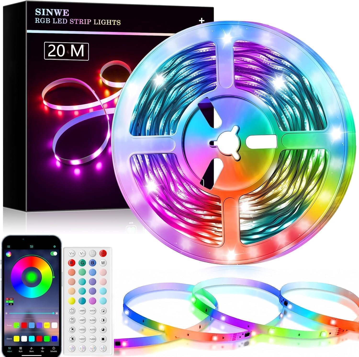 SINWE Music Sync LED Strip Light - 20M/65.6FT, 44 Key Remote & App Control, Colo...