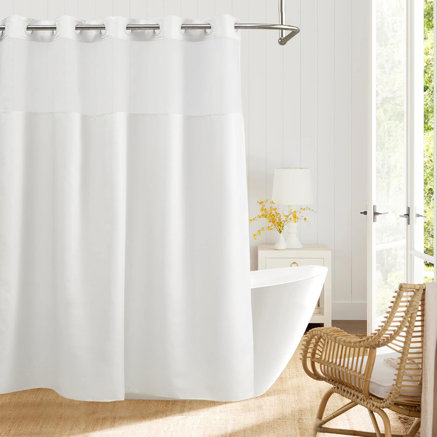 River Dream No Hooks Needed Shower Liner, White Fabric Shower Curtain for Bathro...