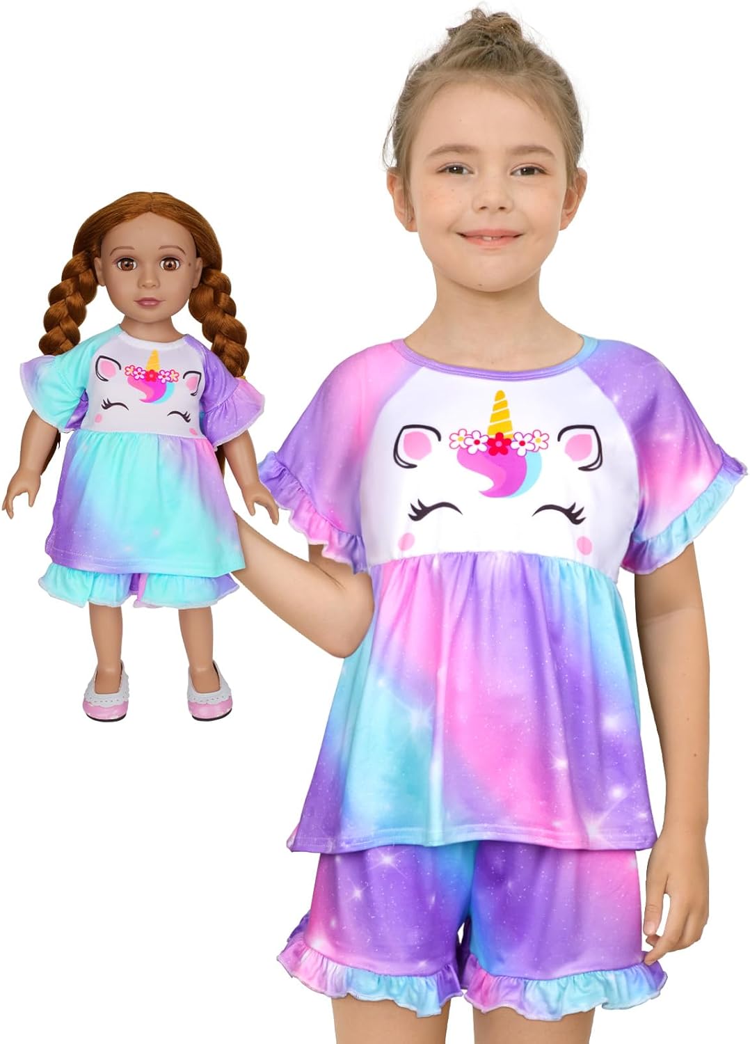 Girl & Doll Matching Pajamas Unicorn Outfit Clothes for Girls and 18" Dolls Paja...