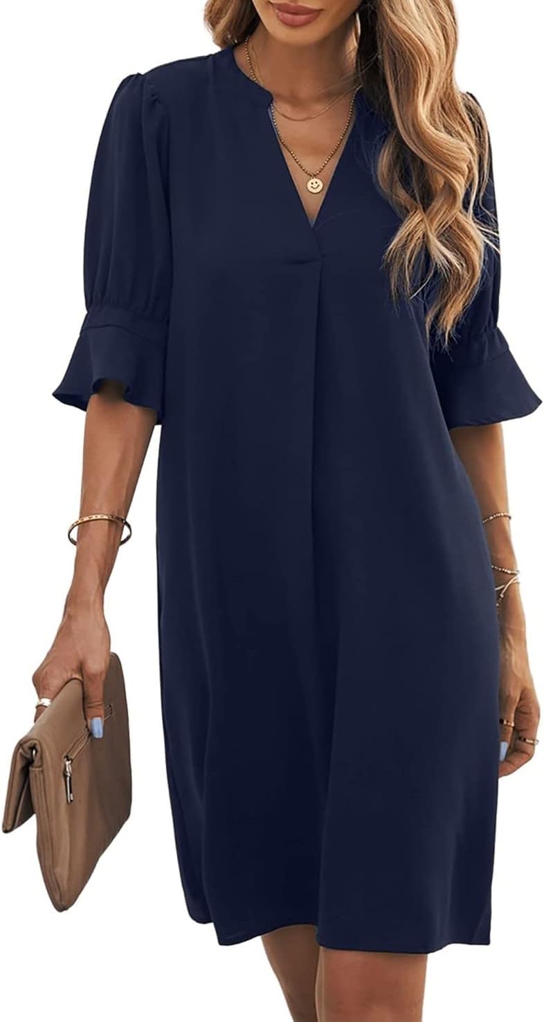Famulily Women's V Neck Half Sleeve Shirt Dress Elegant Summer Casual Solid Colo...