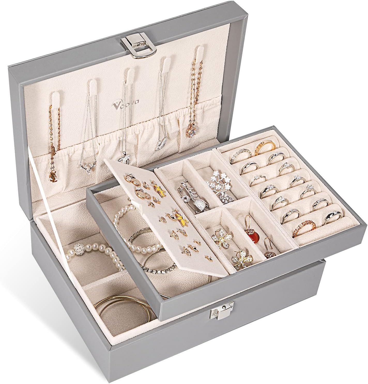 Voova Jewellery Box Organiser for Women Girls, 2 Layers Large Jewelry Storage Ca...
