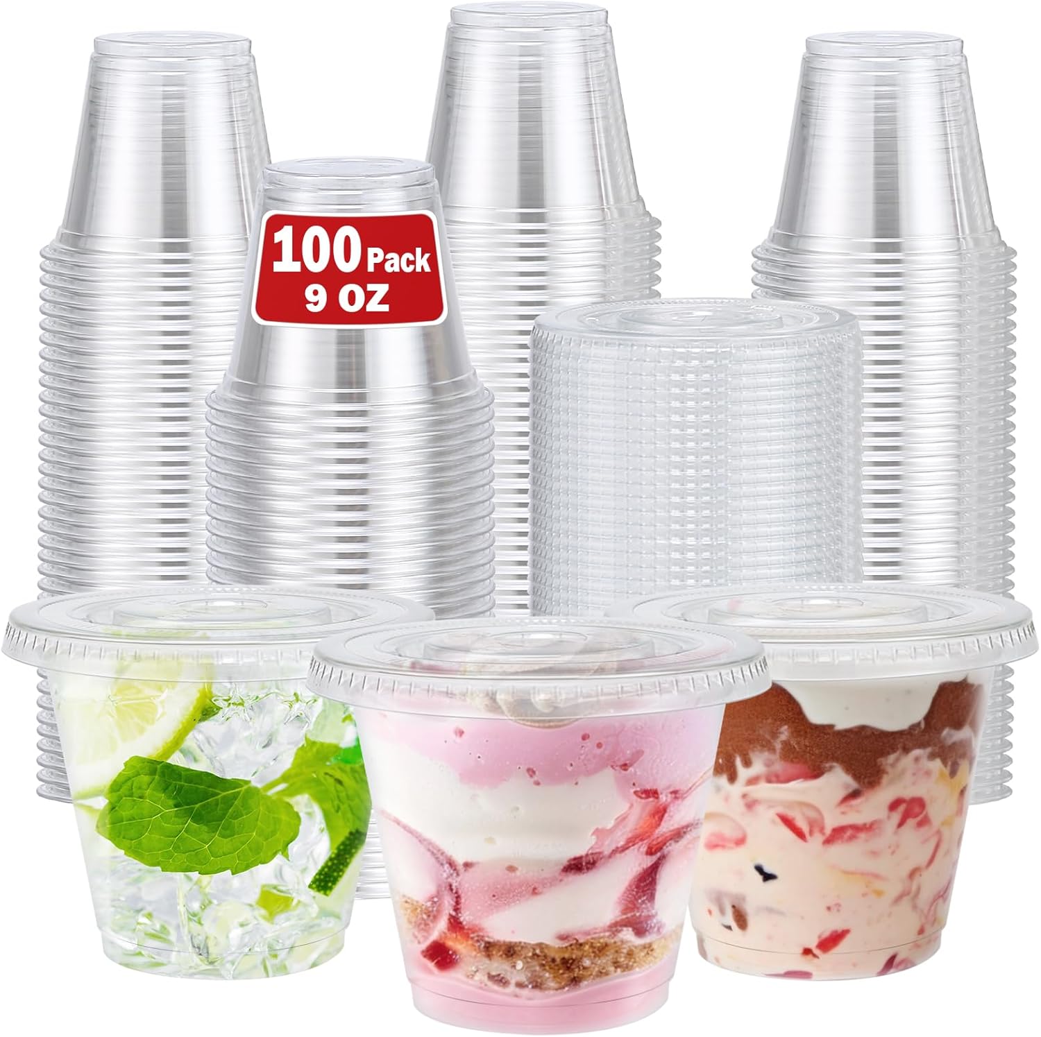 100 Pack 9 oz Clear Plastic Cups with Lids, Disposable Dessert Cups, Fruit Cup,...