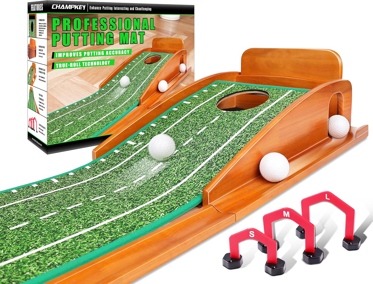 CHAMPKEY Premium Wooden Golf Putting Mat with 3 Golf Putting Gates - Realistic P...