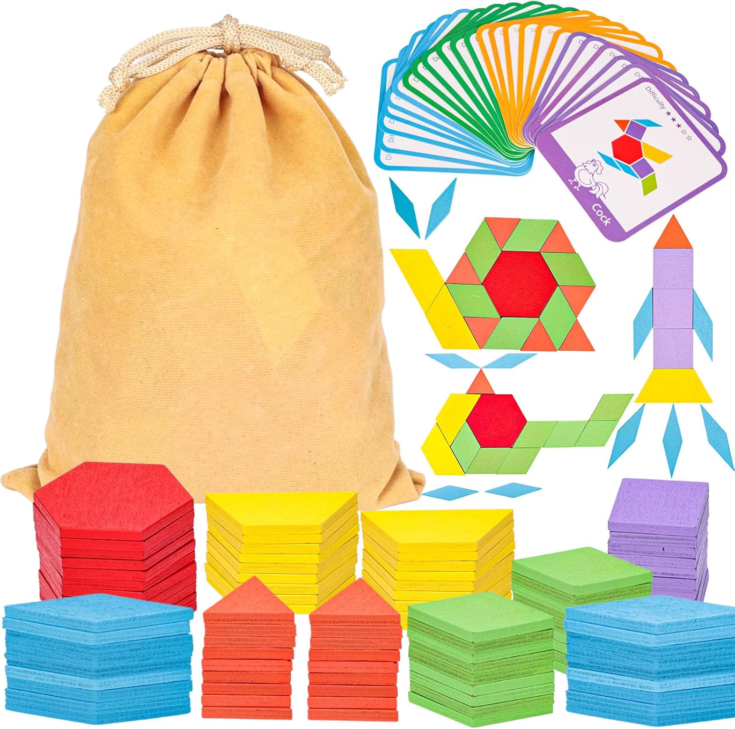 LovesTown Learning Wooden Pattern Blocks for Kids, Geometric Shapes with Activit...