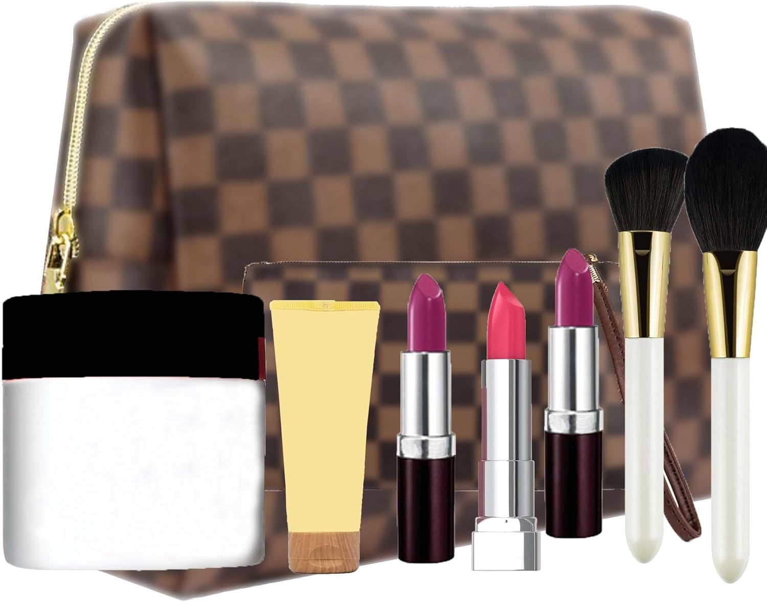 Makeup Bag, Cosmetic Bag, Portable Leather Large Checkered Makeup Bag, 2 Pack La...