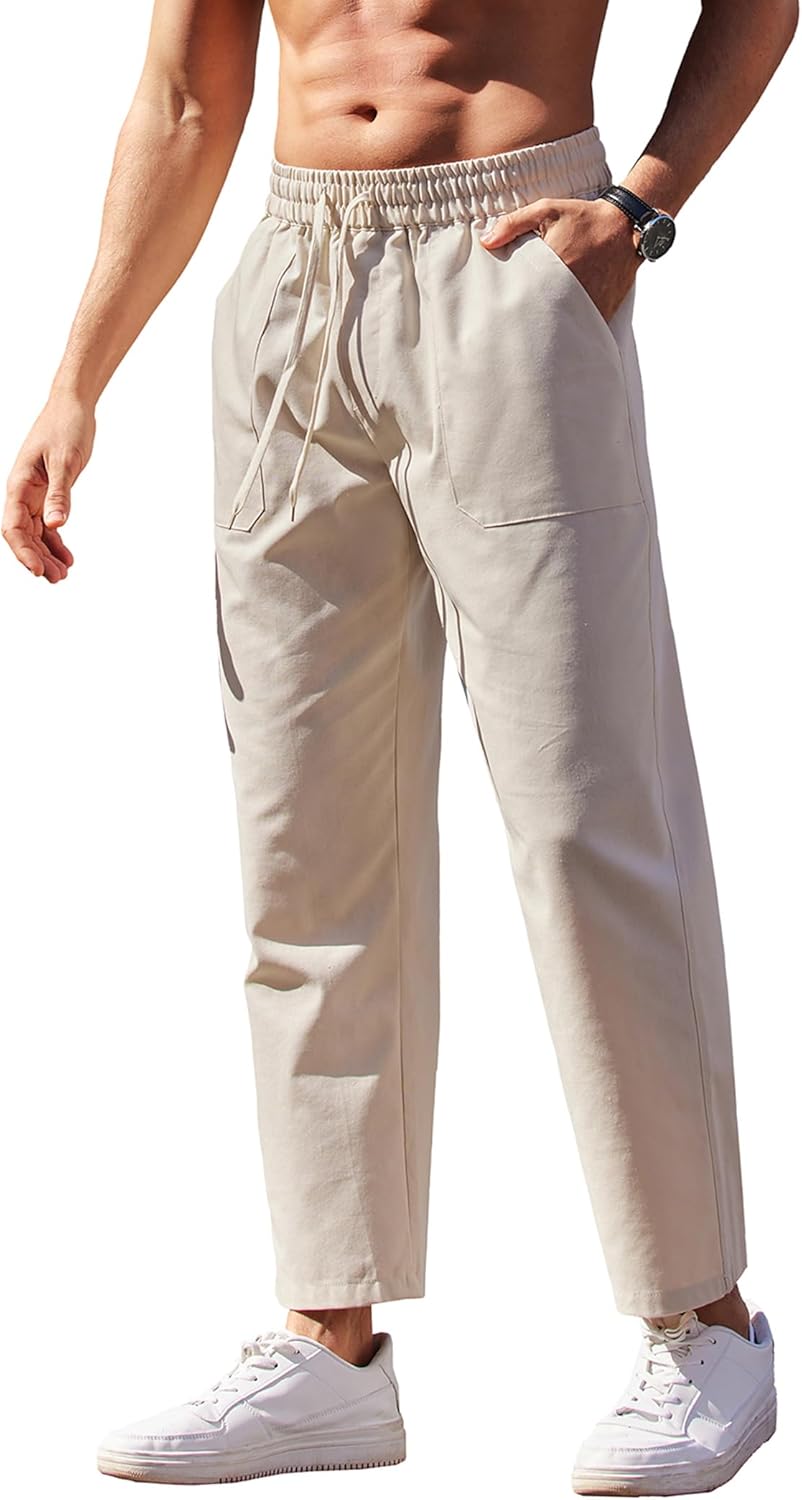 COOFANDY Mens Linen Casual Pants Lightweight Drawstring Beach Pants Elastic Wais...
