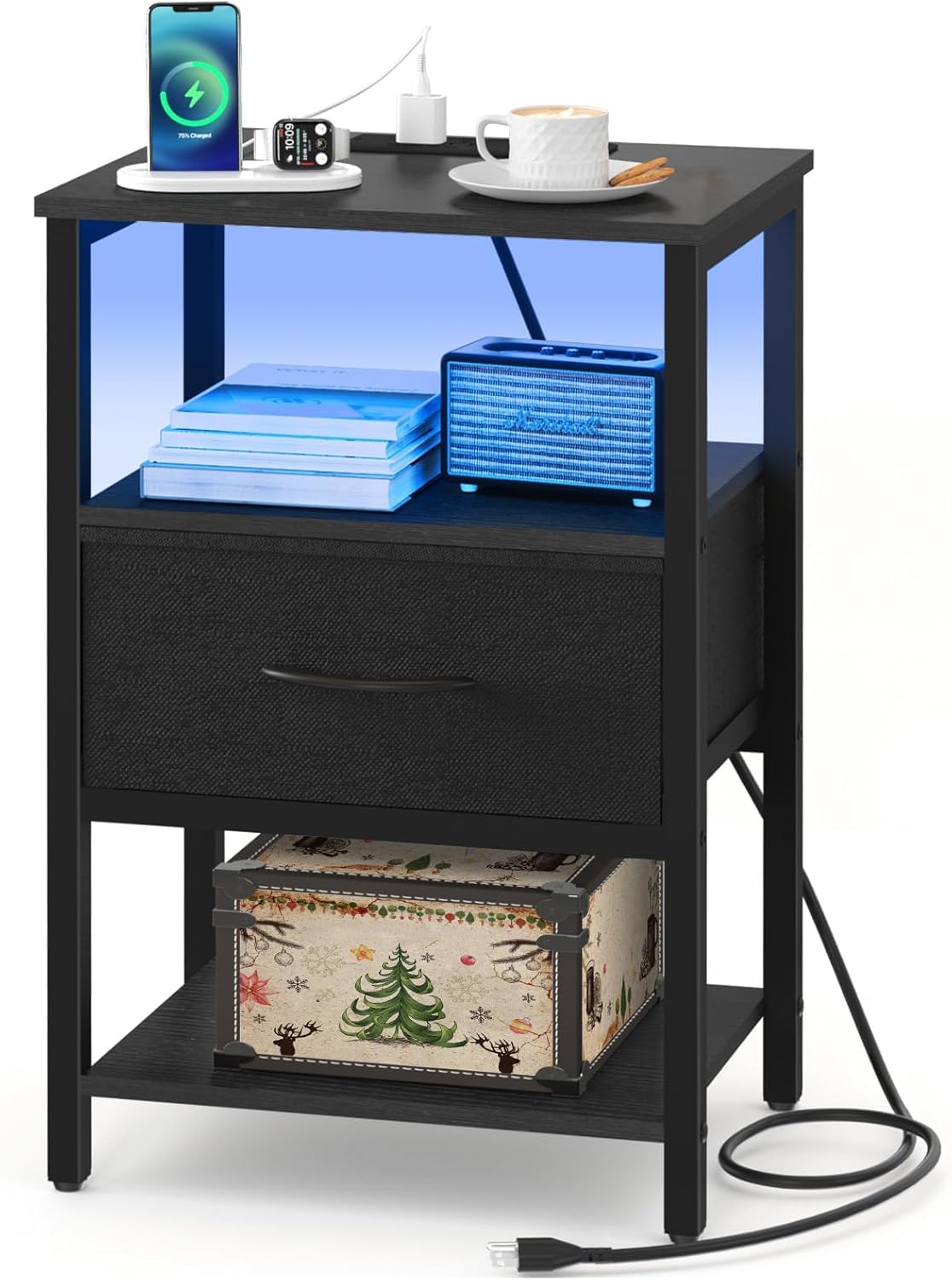 Yoobure Side Table with Storage, LED Night Stand with Charging Station, End Tabl...