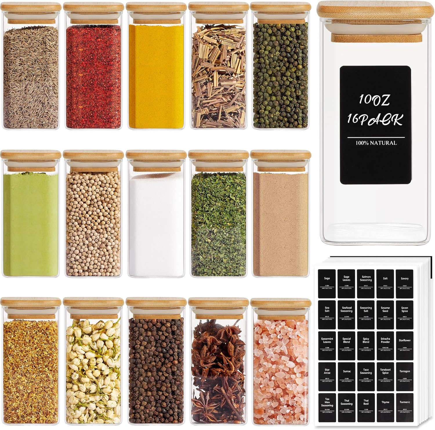 ComSaf 16Pcs Glass Spice Jars with Bamboo Lid, 10oz Airtight Square Containers w...