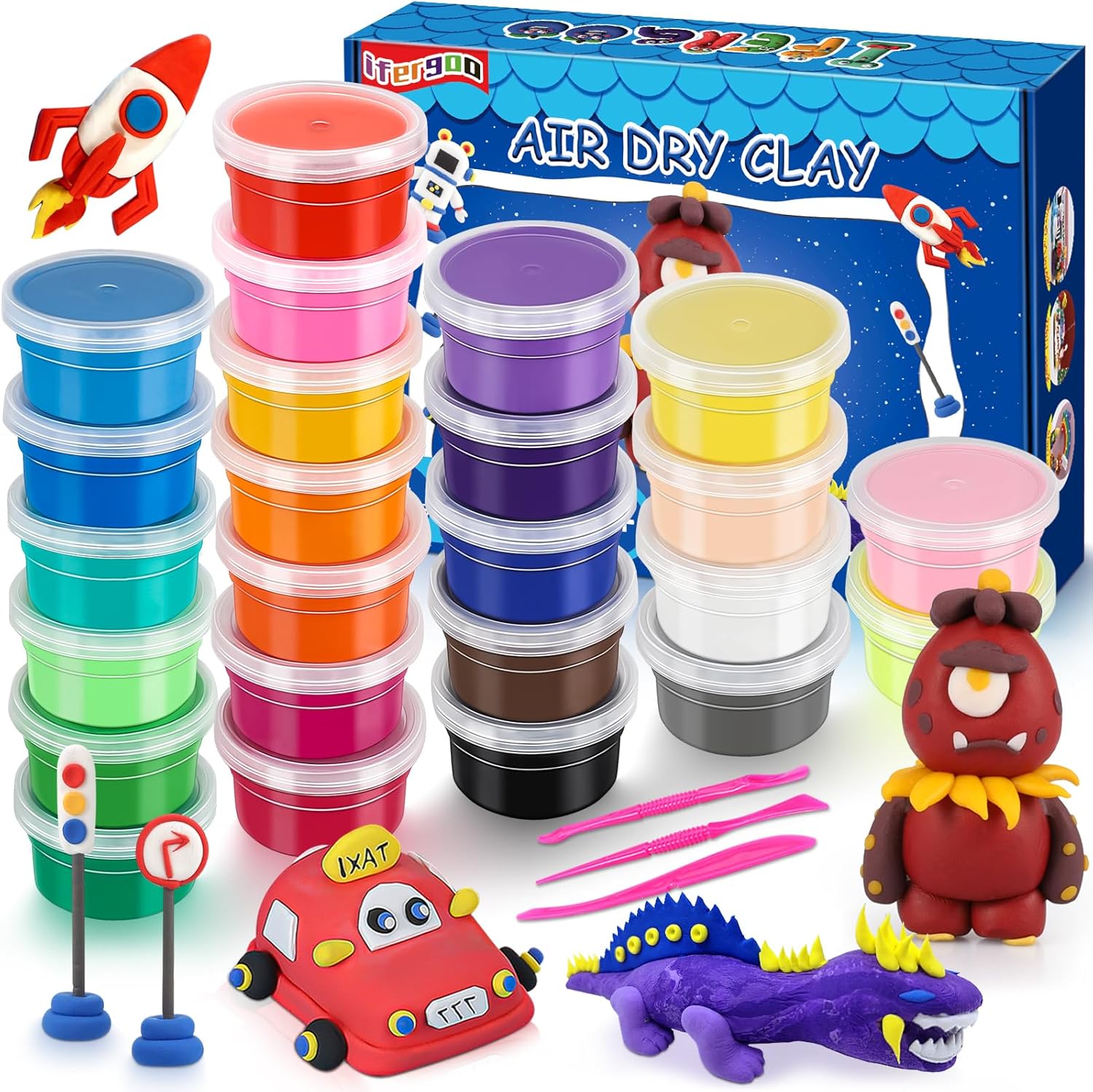 iFergoo Air Dry Clay, 24 Colors Modelling Clay Ultra Light Magic Clay, Soft & St...