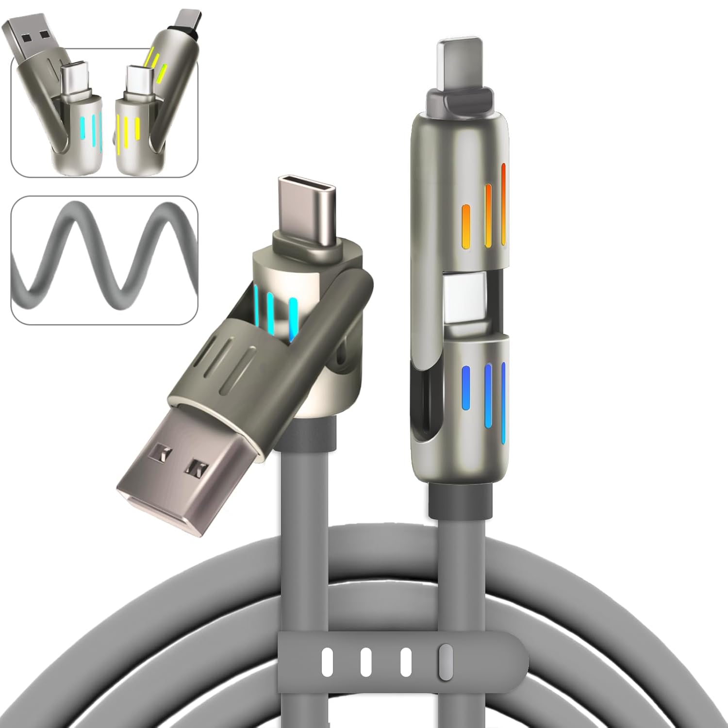 240w 4-in-1 USB C Cable,Charger Cable with Breathing Light, PD 5A Multi Fast Cha...