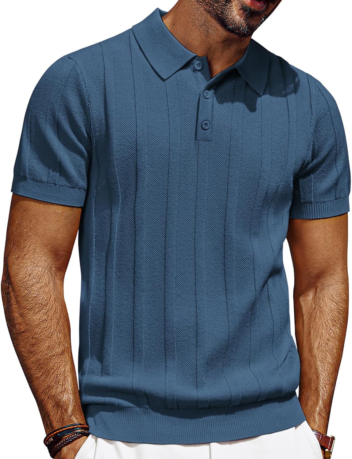 PJ PAUL JONES Mens Polo Shirts Short Sleeve Textured Knit Polo Shirt Ribbed Casu...