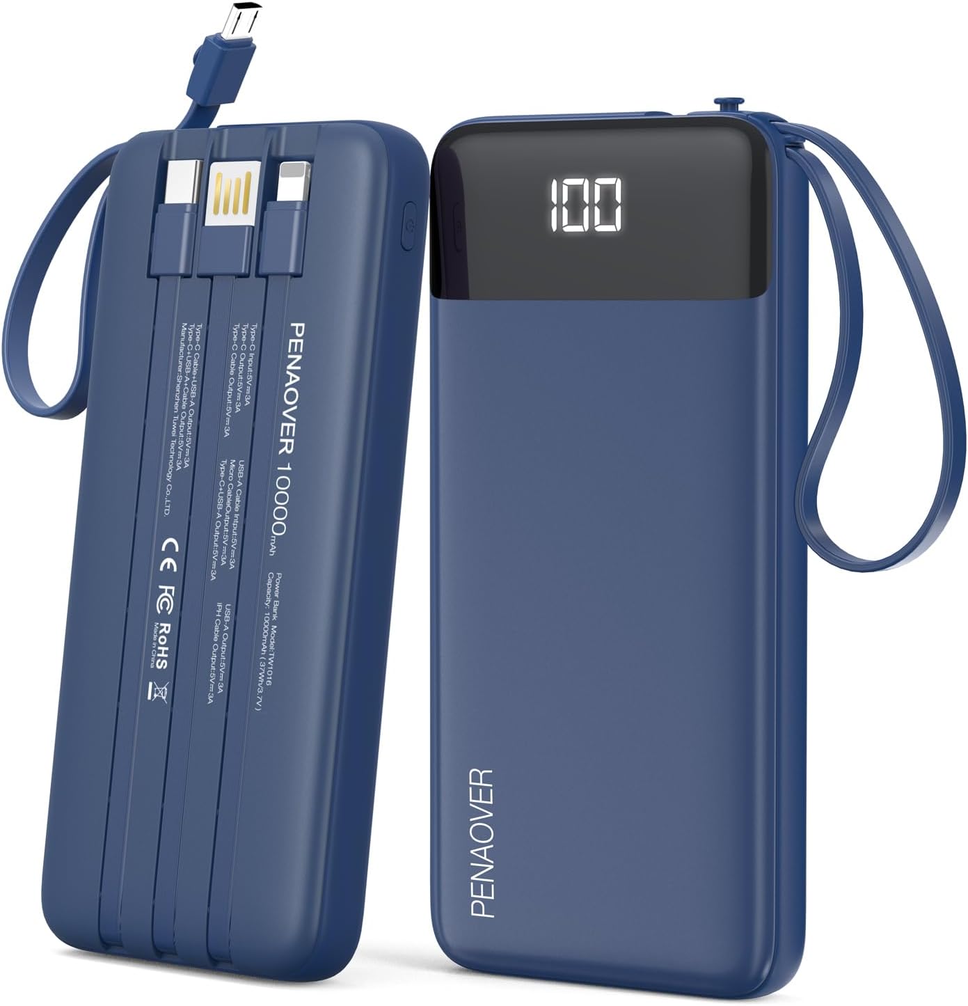 Portable Charger 10000mAh Power Bank with Built-in Cable, 5 Output 2 Input Trave...
