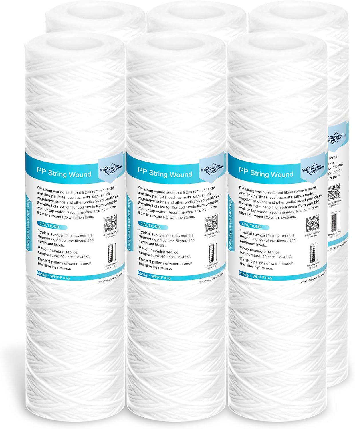 Membrane Solutions 5 Micron 10"x2.5" String Wound Whole House Water Filter Repla...