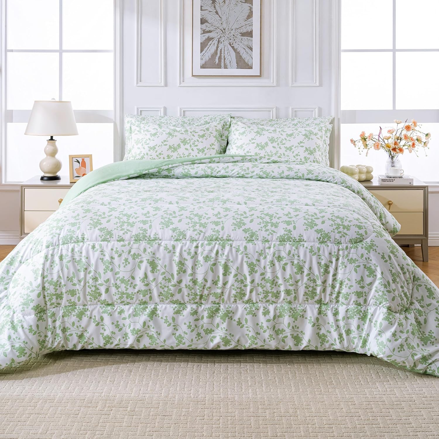 Printed Queen Comforter Set with Sheets, All Season Lightweight 7 Piece Bed in A...