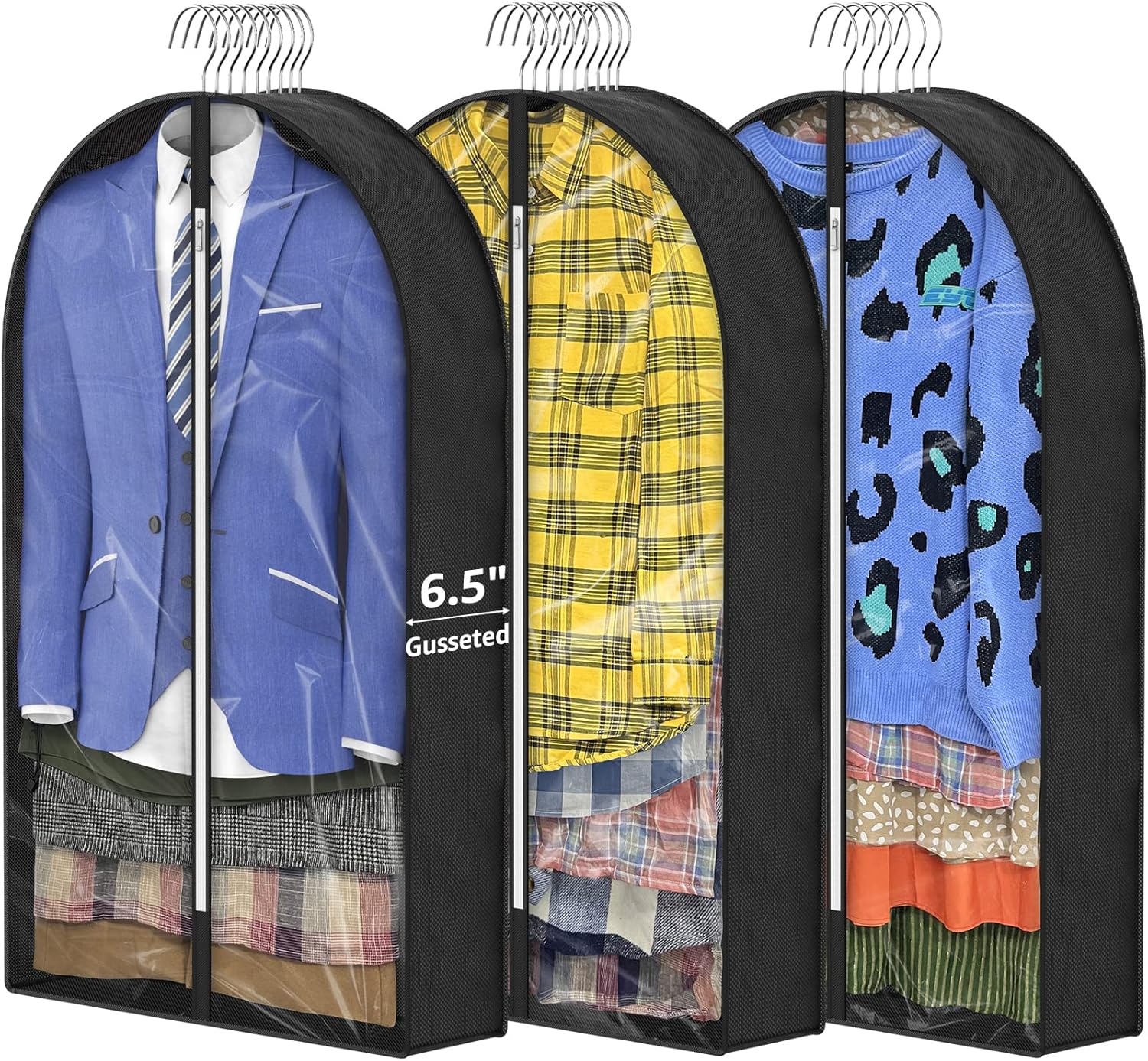 6.5" Gussetes Garment Bags for Hanging Clothes Storage, 40" Clothing Bags with Z...