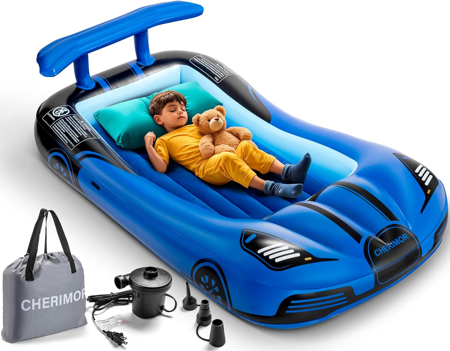 Inflatable Kids Travel Bed with Safety Bumpers, Portable Racecar Toddler Air Mat...