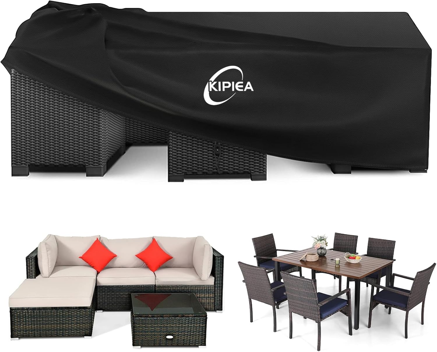 Kipiea Rattan Garden Furniture Covers Waterproof, Rectangular Patio Set Cover fo...