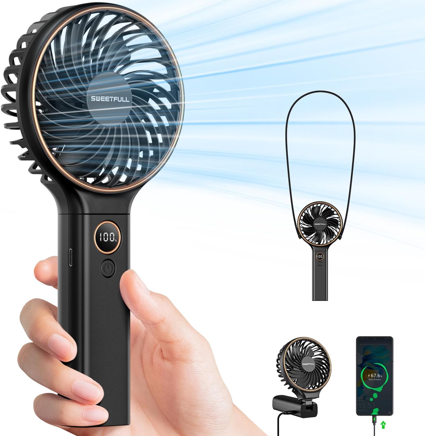 SWEETFULL Handheld Fan, Portable Fan, 5000mAh Rechargeable Battery, 6 Speed Wind...