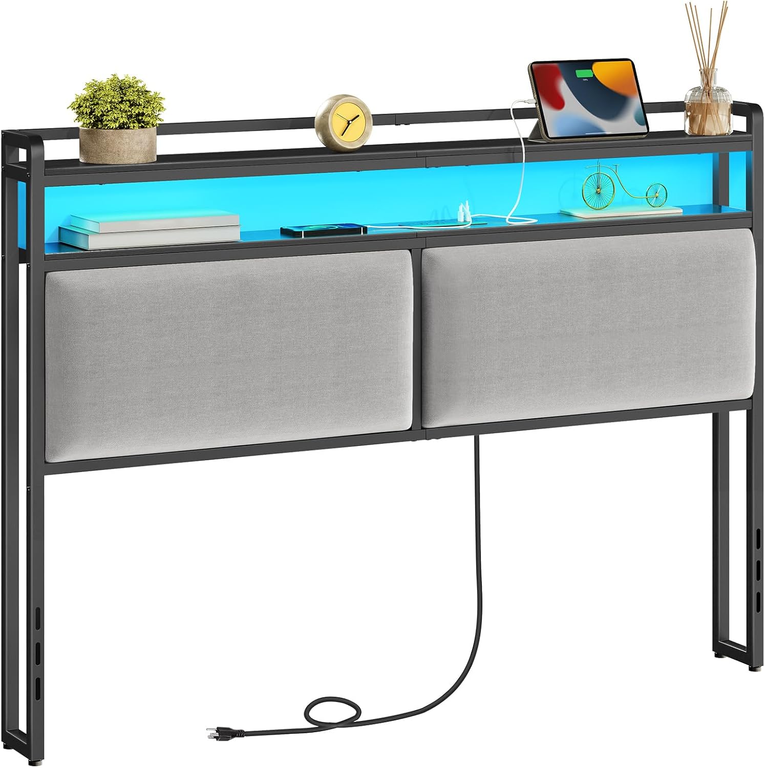 HOOBRO Queen Size Upholstered Headboard, Storage Headboard with Charging Station...